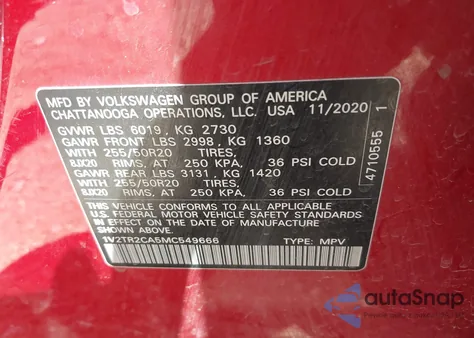 2021 Volkswagen Atlas Sel Premium from USA, damaged, VIN 1V2TR2CA5MC549666